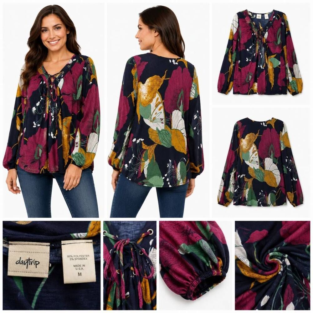 Daytrip Floral Lace Up Long Sleeve Blouse M